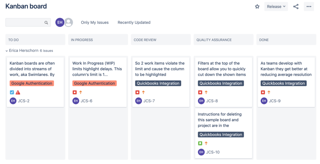 Screenshot of a sample Kanban board